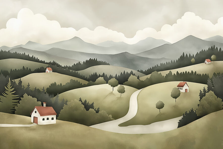 Paisaje con casas y árboles