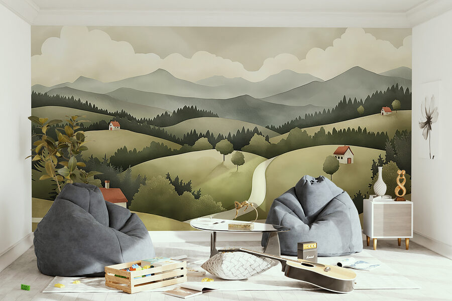 Paisaje con casas y árboles