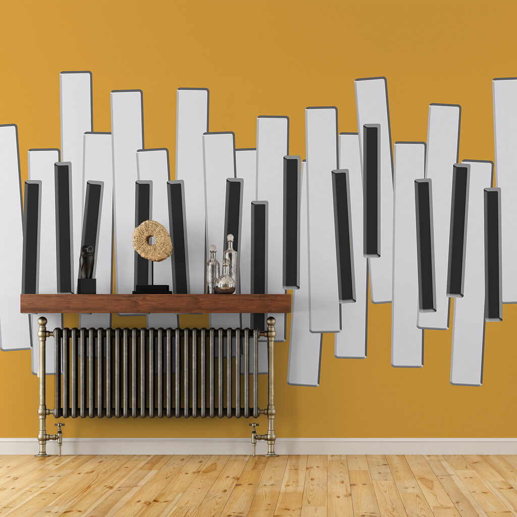 Piano keys on a yellow background