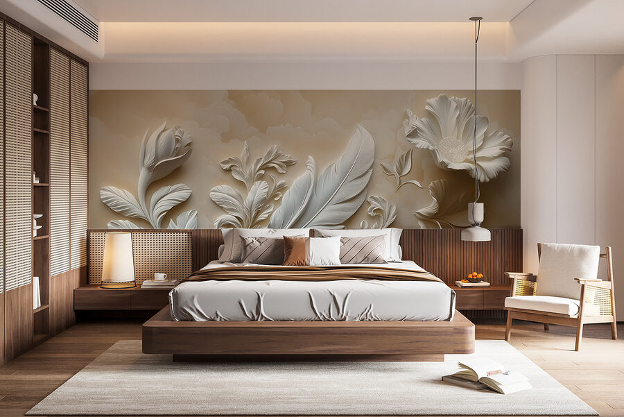 Diseño floral blanco en una pared