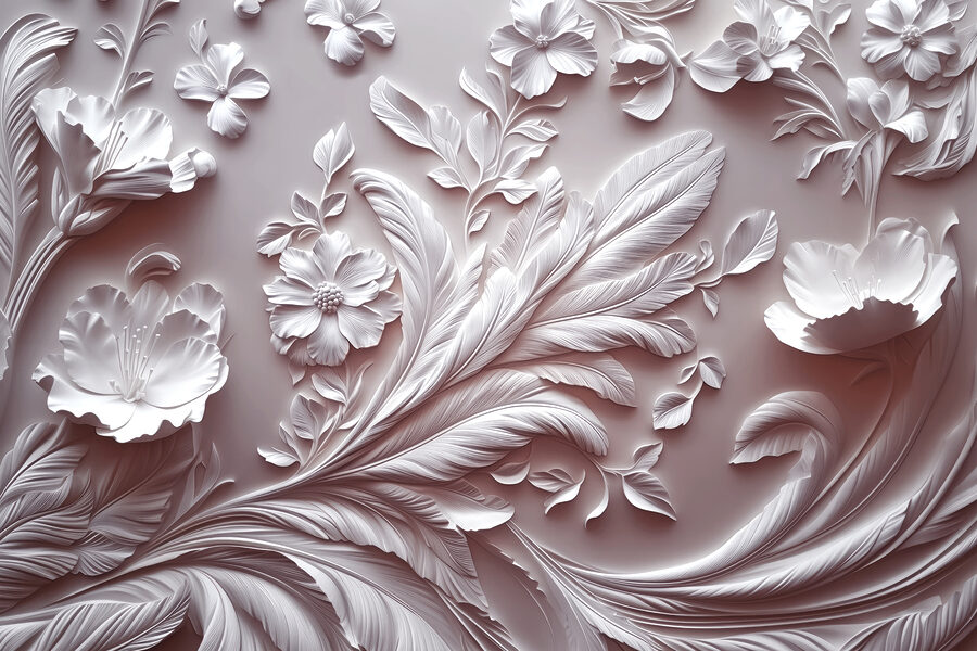 Pared blanca con flores y hojas