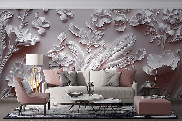 Pared blanca con flores y hojas Pared blanca con flores y hojas
