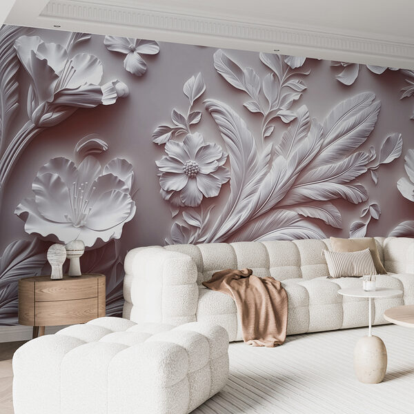 Pared blanca con flores y hojas Pared blanca con flores y hojas