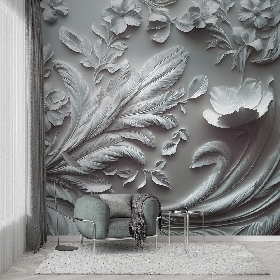 Pared blanca con flores y hojas