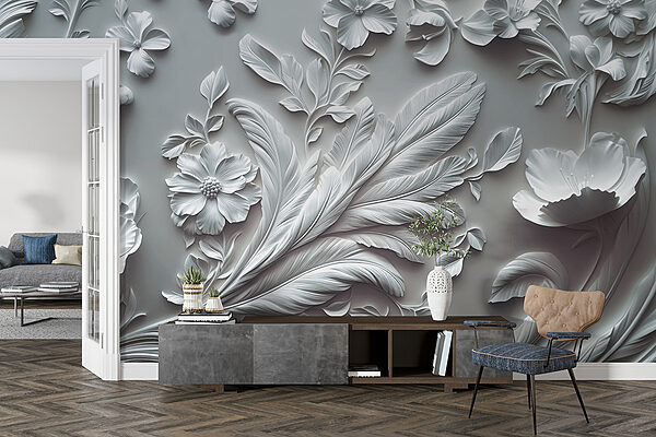 Pared blanca con flores y hojas Pared blanca con flores y hojas