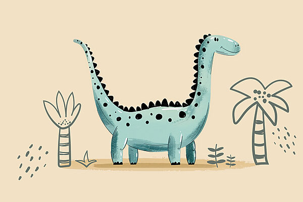 Dinosaurio de dibujos animados con plantas y hojas Dinosaurio de dibujos animados con plantas y hojas