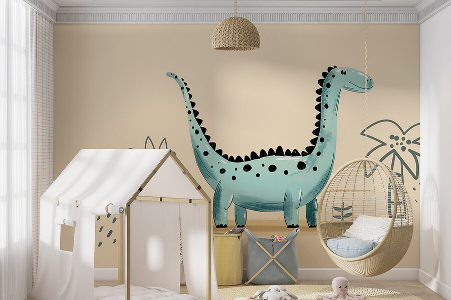 Dinosaurio de dibujos animados con plantas y hojas