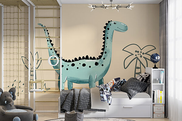 Dinosaurio de dibujos animados con plantas y hojas Dinosaurio de dibujos animados con plantas y hojas