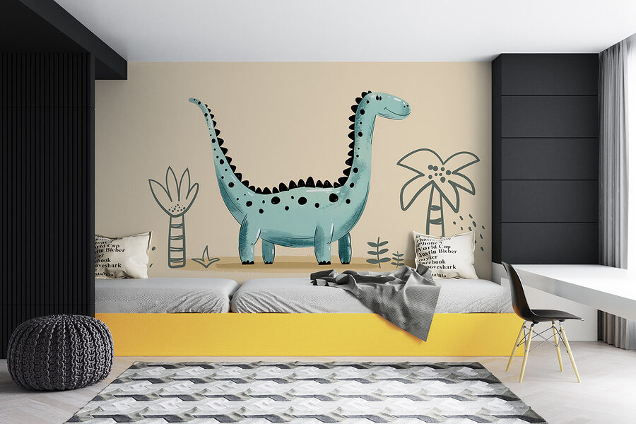 Dinosaurio de dibujos animados con plantas y hojas