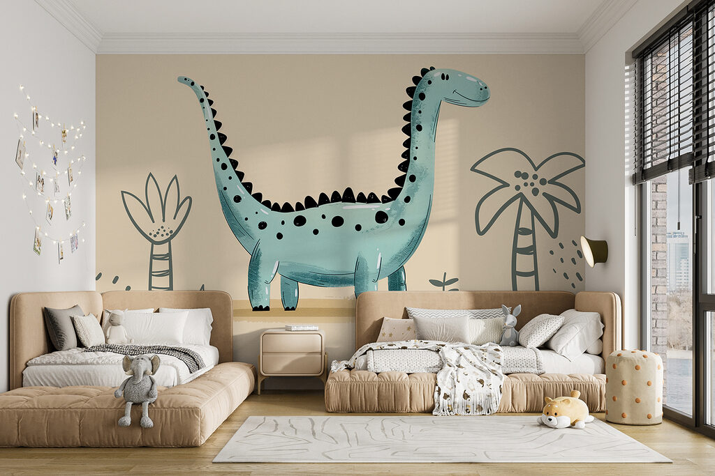 Cartoon dinosaur with plants and leaves