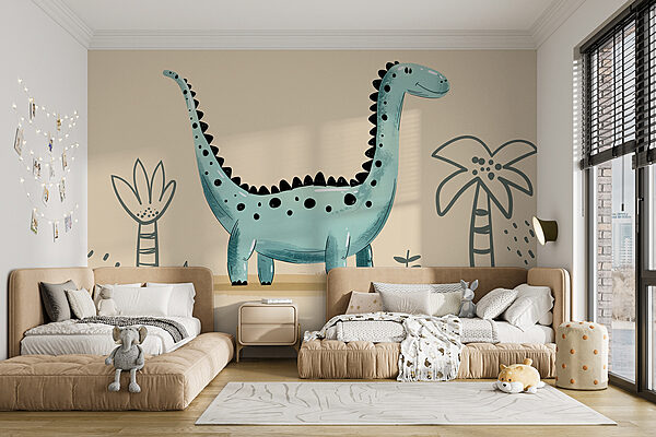Dinosaurio de dibujos animados con plantas y hojas Dinosaurio de dibujos animados con plantas y hojas