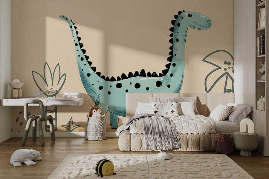 Dinosaurio de dibujos animados con plantas y hojas