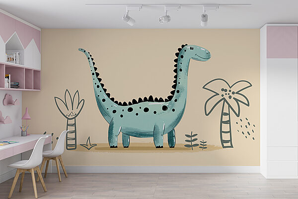 Dinosaurio de dibujos animados con plantas y hojas Dinosaurio de dibujos animados con plantas y hojas