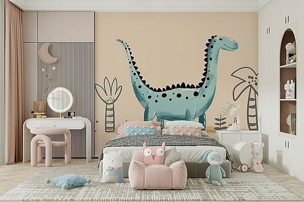 Dinosaurio de dibujos animados con plantas y hojas Dinosaurio de dibujos animados con plantas y hojas