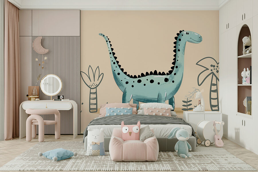 Dinosaurio de dibujos animados con plantas y hojas