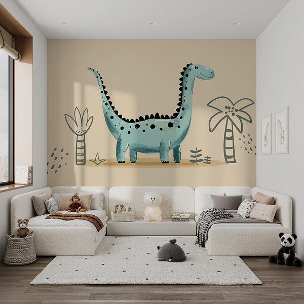 Dinosaurio de dibujos animados con plantas y hojas Dinosaurio de dibujos animados con plantas y hojas