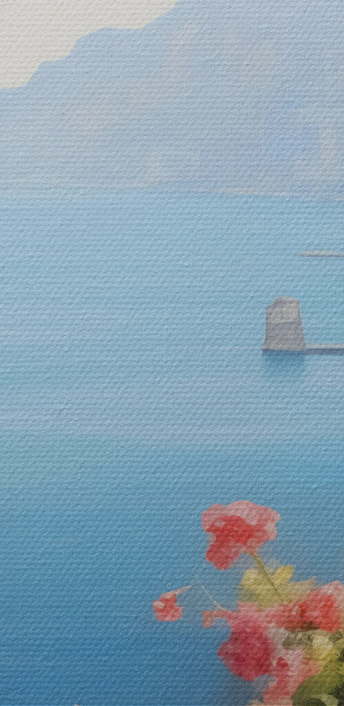 Painting of a balcony overlooking a body of water Painting of a balcony overlooking a body of water