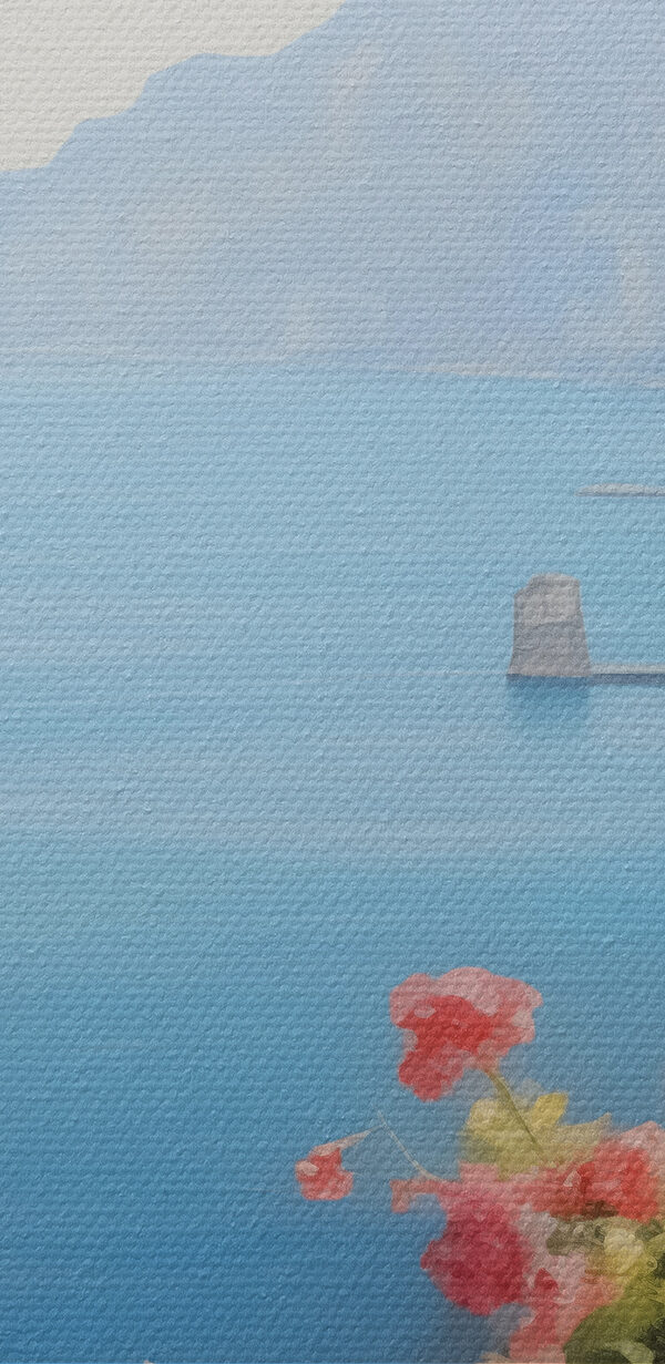 Painting of a balcony overlooking a body of water Painting of a balcony overlooking a body of water