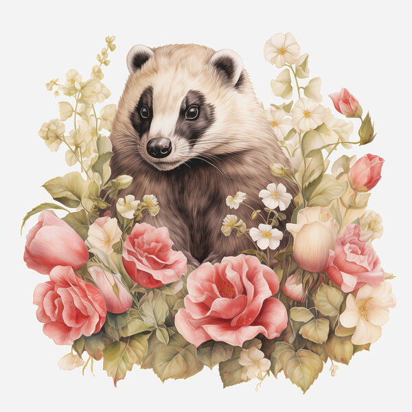 Raccoon surrounded by flowers