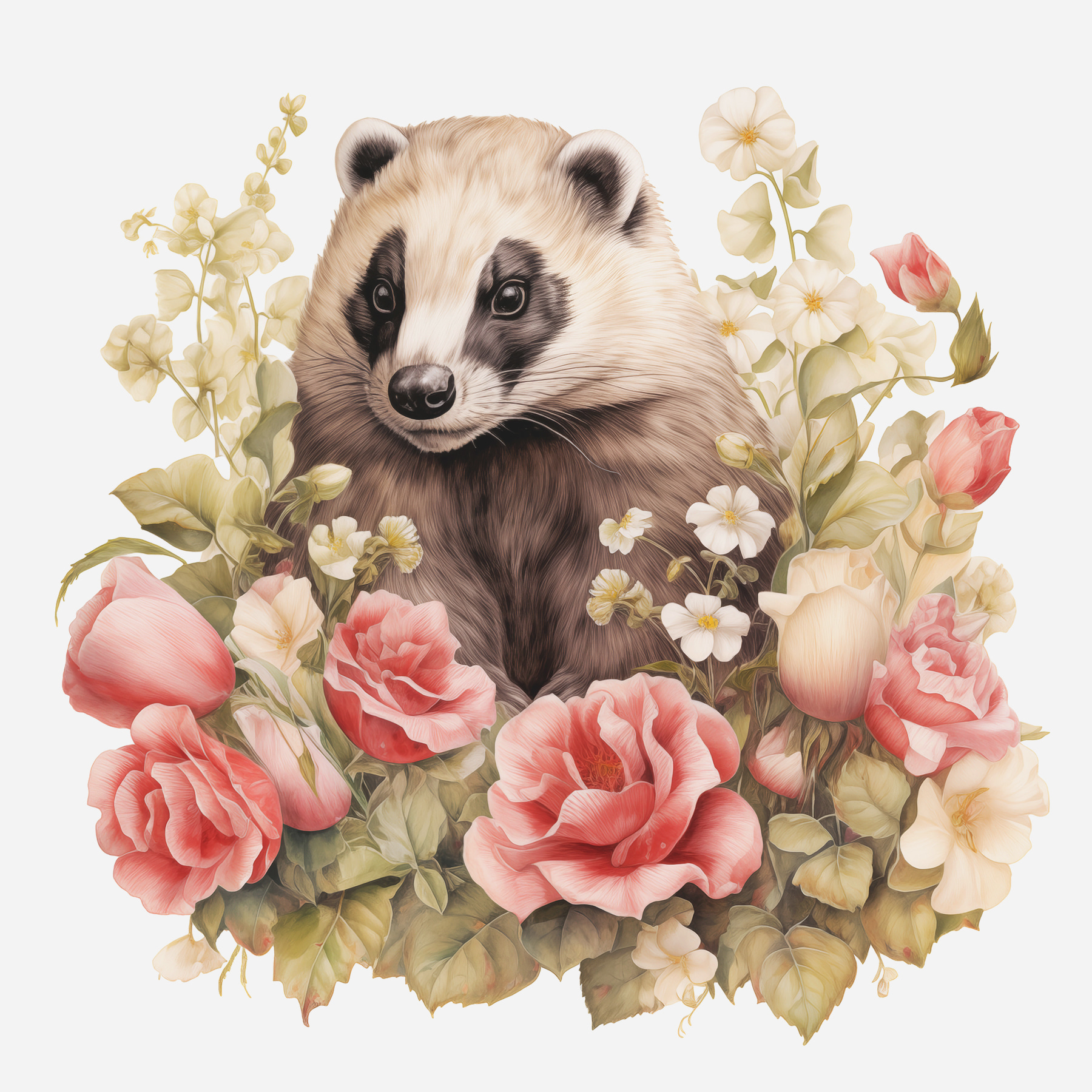 Raccoon surrounded by flowers