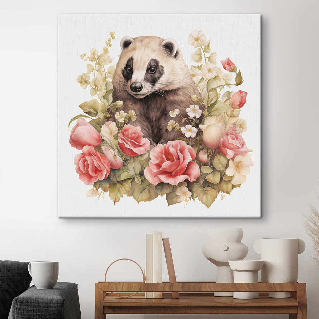 Raccoon surrounded by flowers