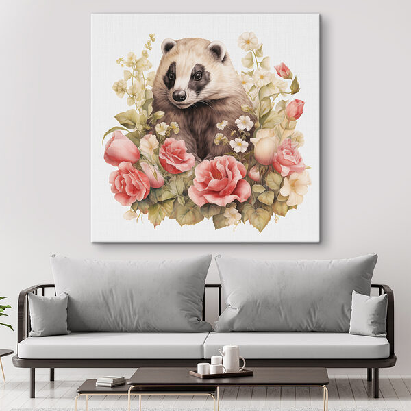 Raccoon surrounded by flowers