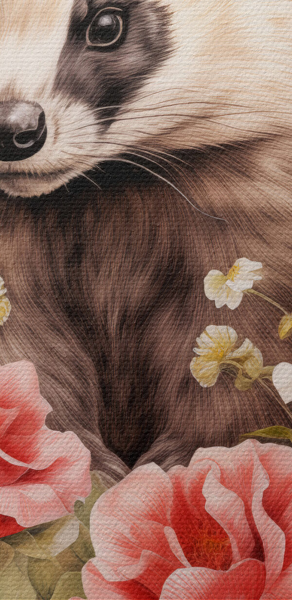 Raccoon surrounded by flowers