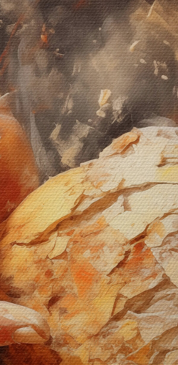 Painting of hands holding a ball of bread Painting of hands holding a ball of bread