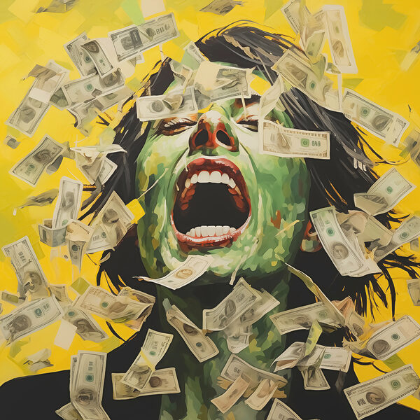Woman with green face and money falling from her face Woman with green face and money falling from her face