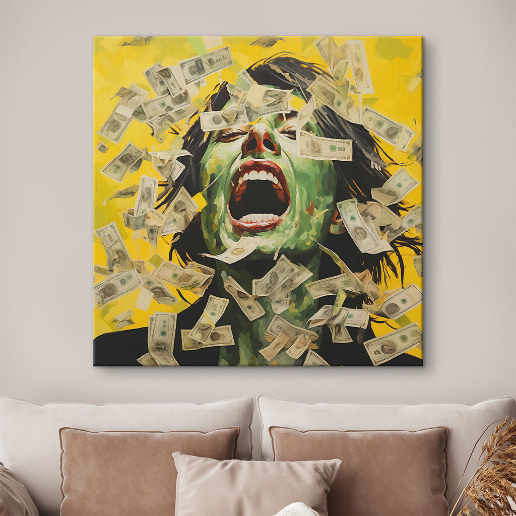Woman with green face and money falling from her face Woman with green face and money falling from her face