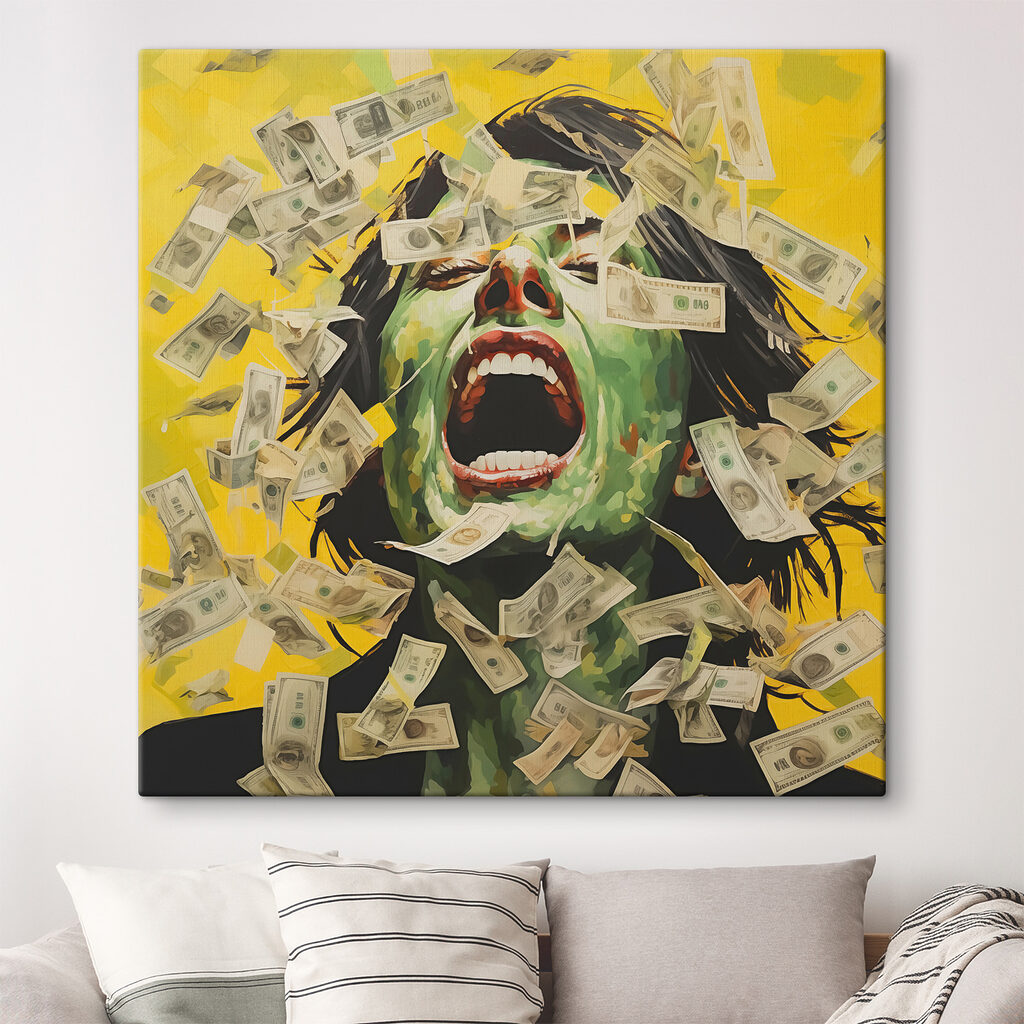 Woman with green face and money falling from her face Woman with green face and money falling from her face