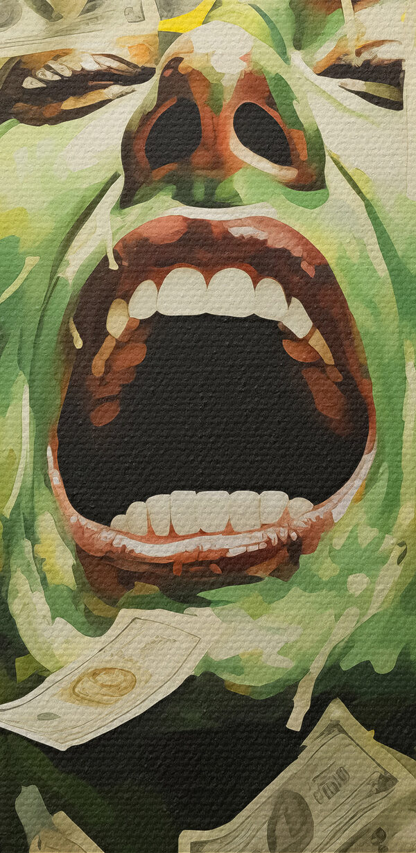 Woman with green face and money falling from her face Woman with green face and money falling from her face