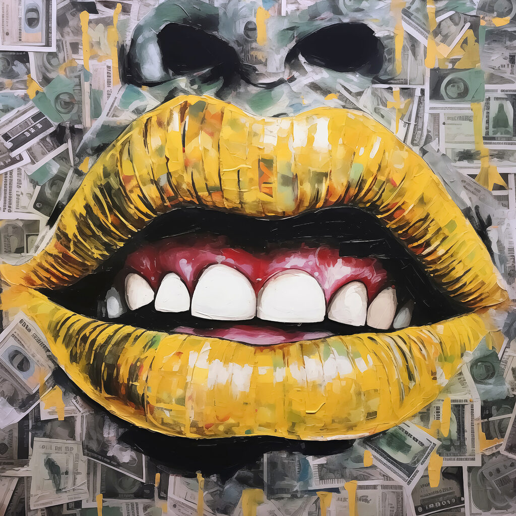 Painting of a mouth and mouth with money Painting of a mouth and mouth with money