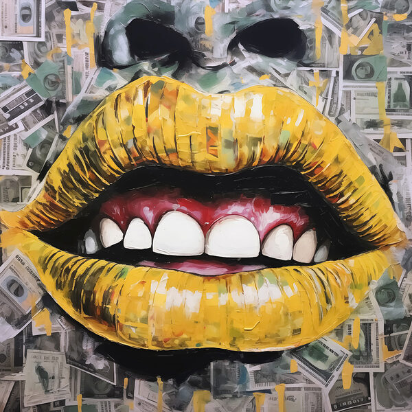 Painting of a mouth and mouth with money Painting of a mouth and mouth with money