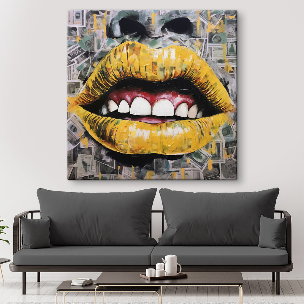 Painting of a mouth and mouth with money Painting of a mouth and mouth with money