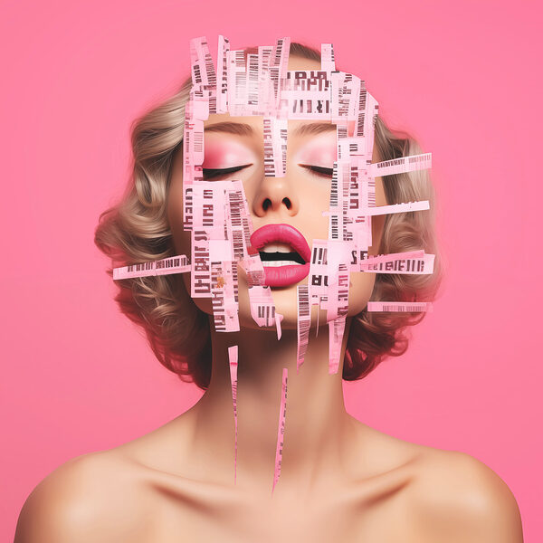 Woman with pink paper strips over her face Woman with pink paper strips over her face