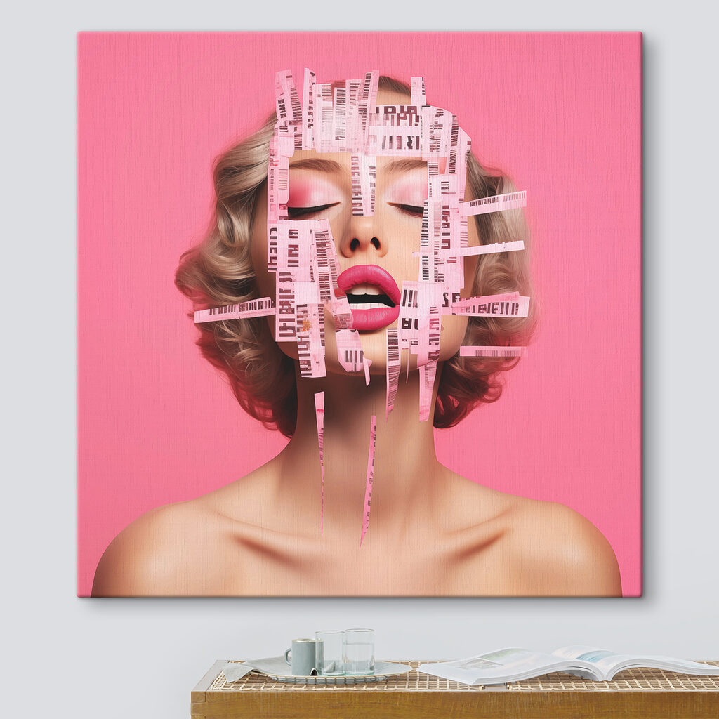 Woman with pink paper strips over her face Woman with pink paper strips over her face