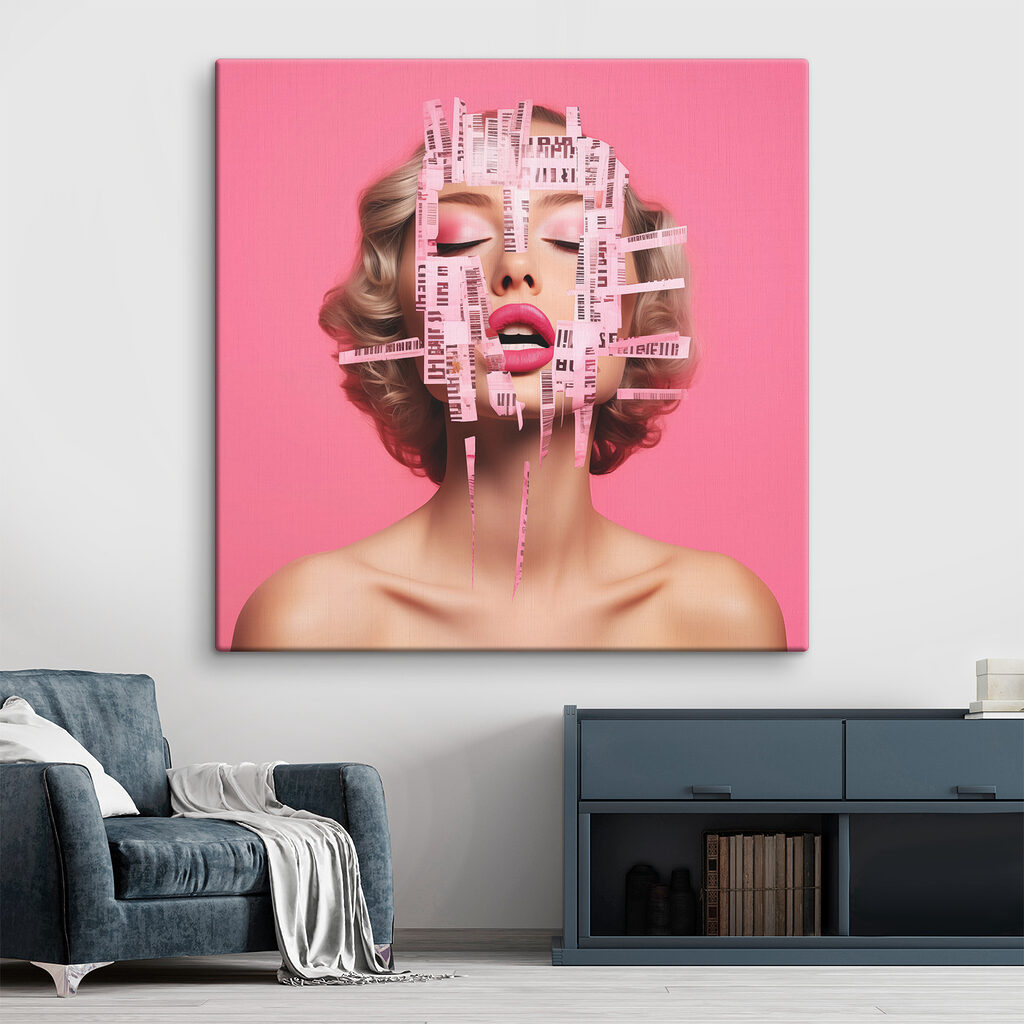 Woman with pink paper strips over her face Woman with pink paper strips over her face