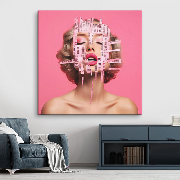Woman with pink paper strips over her face Woman with pink paper strips over her face