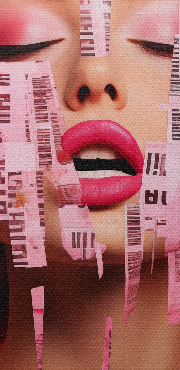 Woman with pink paper strips over her face Woman with pink paper strips over her face
