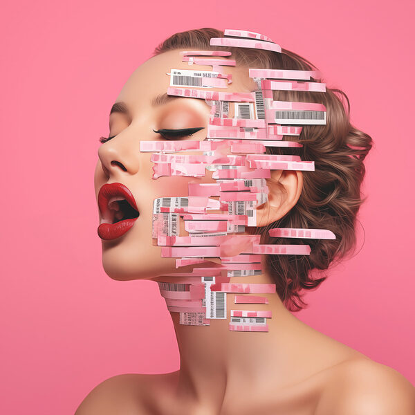 Woman with red lipstick and red lips with paper strips on her face Woman with red lipstick and red lips with paper strips on her face