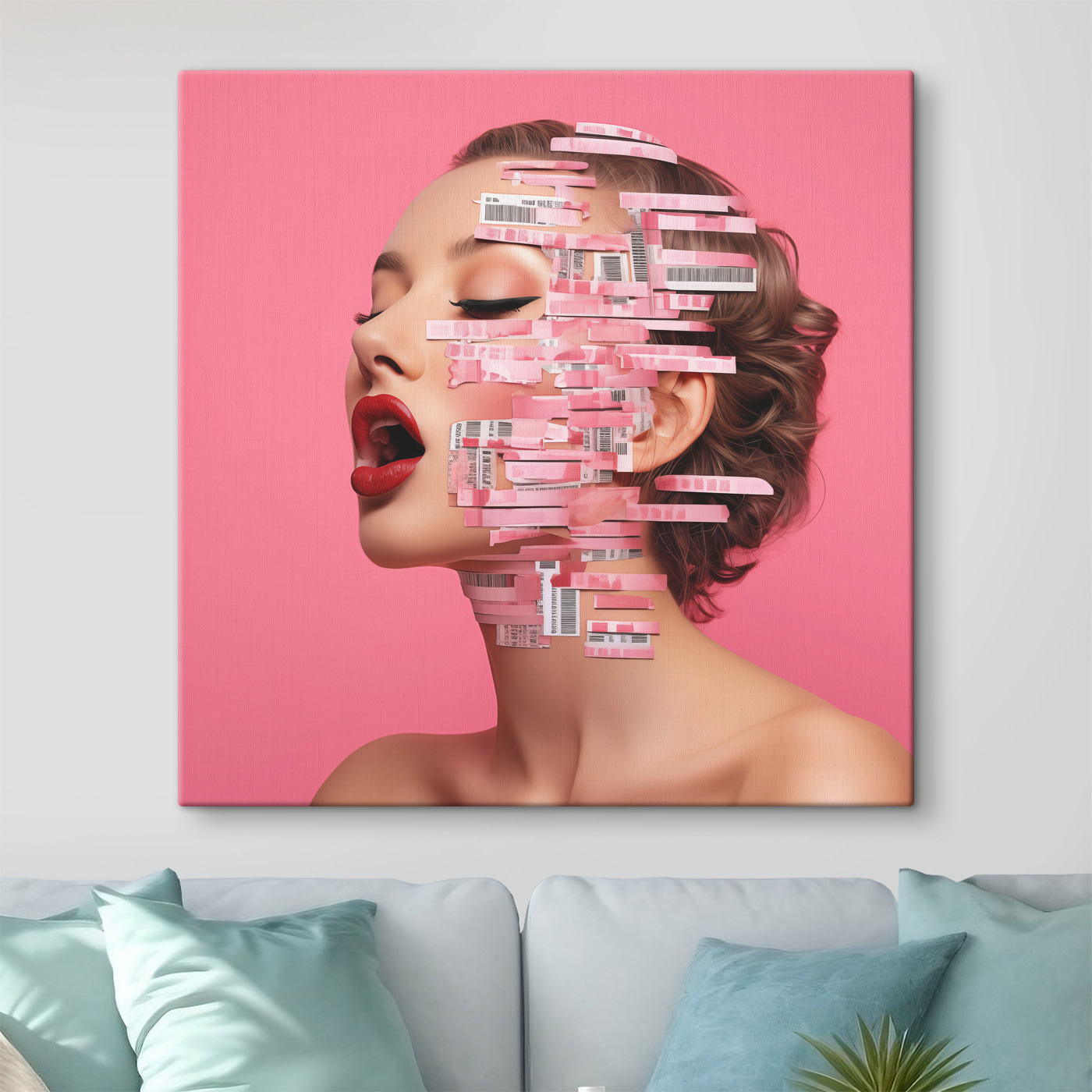 Woman with red lipstick and red lips with paper strips on her face Woman with red lipstick and red lips with paper strips on her face