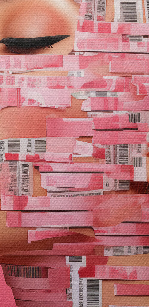 Woman with red lipstick and red lips with paper strips on her face Woman with red lipstick and red lips with paper strips on her face