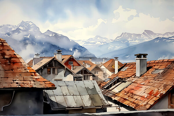 Group of houses with roofs and mountains in the background