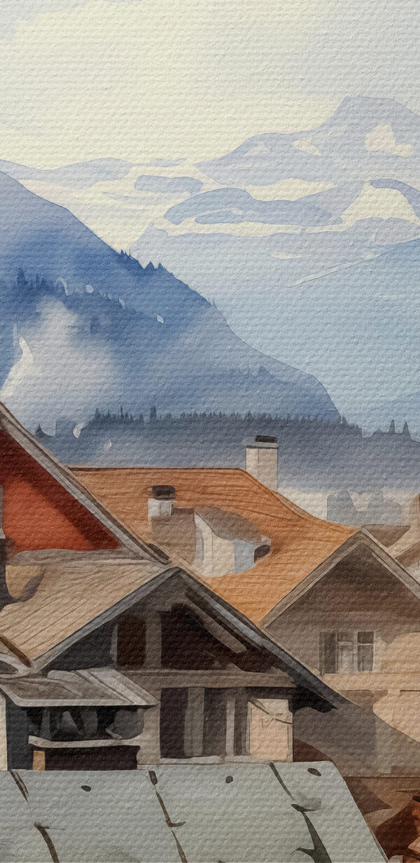 Group of houses with roofs and mountains in the background