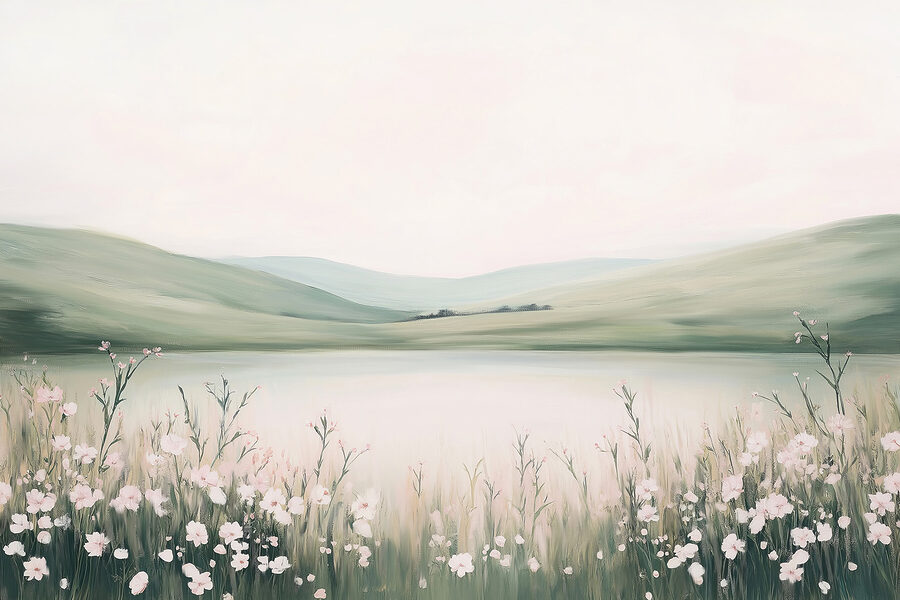 Pintura de un lago con flores