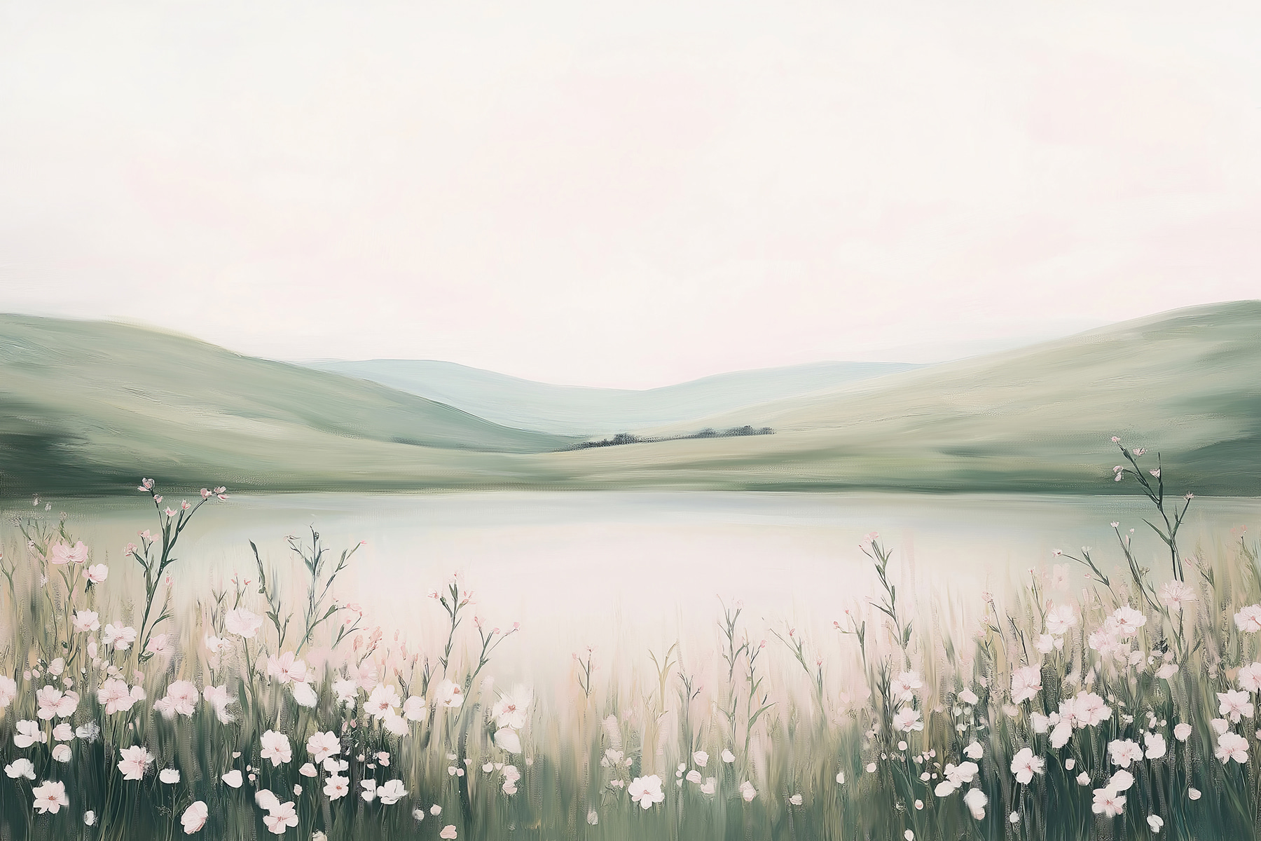 Painting of a lake with flowers