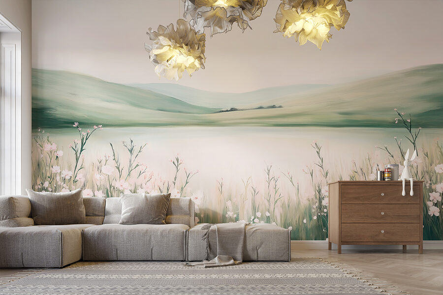 Pintura de un lago con flores