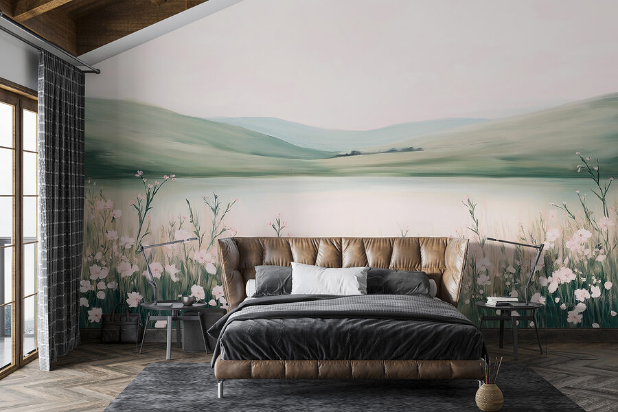Pintura de un lago con flores
