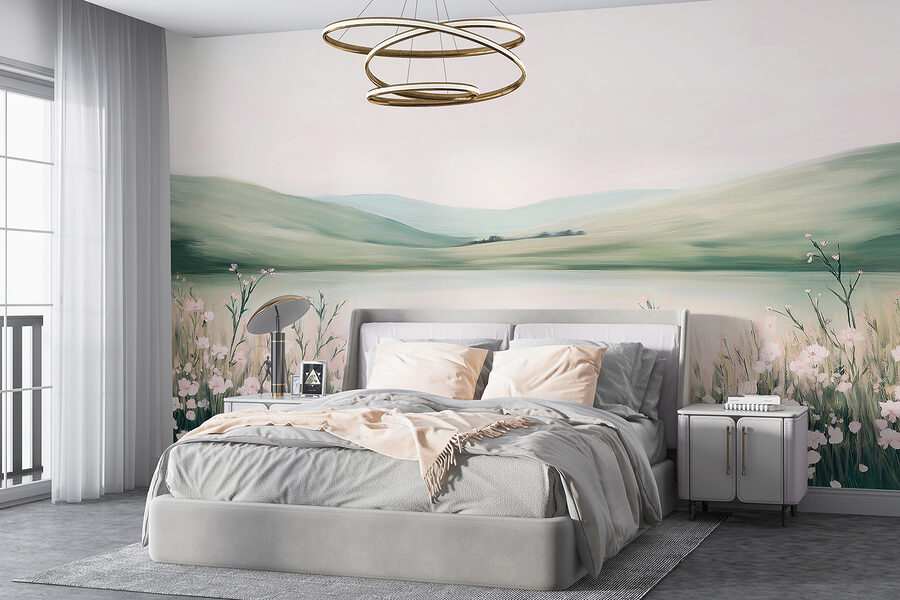 Pintura de un lago con flores